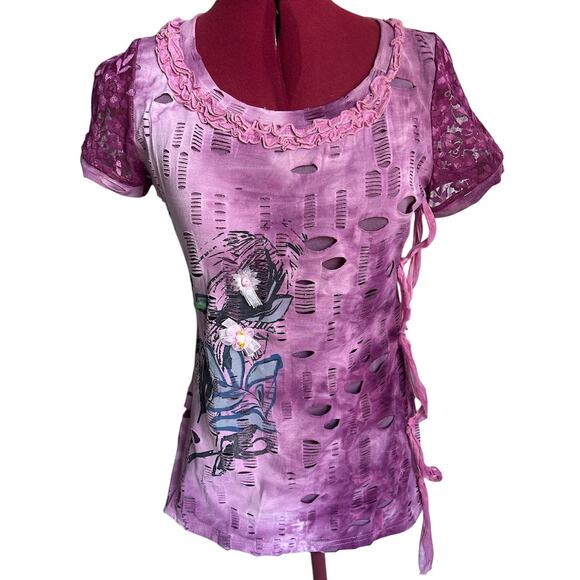 Farinelli Size Medium Purple‎ Y2K Bow & Ribbon Embellished Blouse Top - Picture 1 of 5